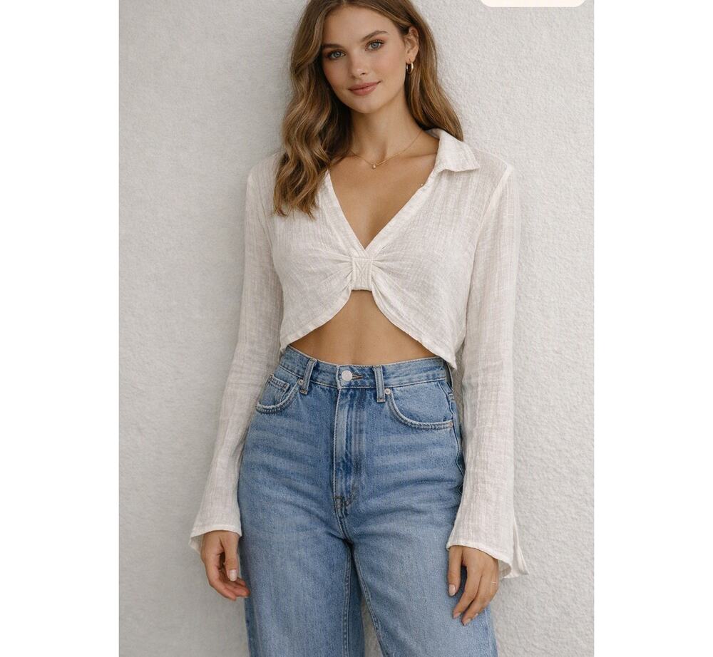 Free People FP One Cotton Blend Gauzy Twist Front Top Sz S Off White Cropped